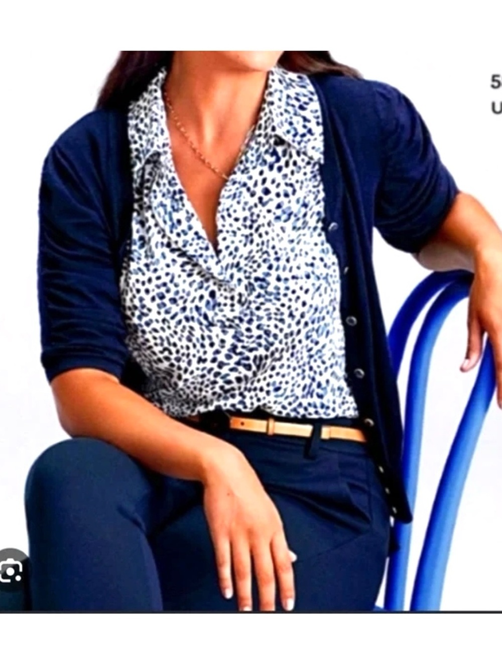 Cabi Catwalk  Navy and White Sleeveless Collared Animal Print Top